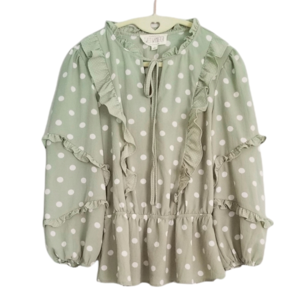 Sweet Wanderer Polka Dot Cinched Waist Blouse Light Green